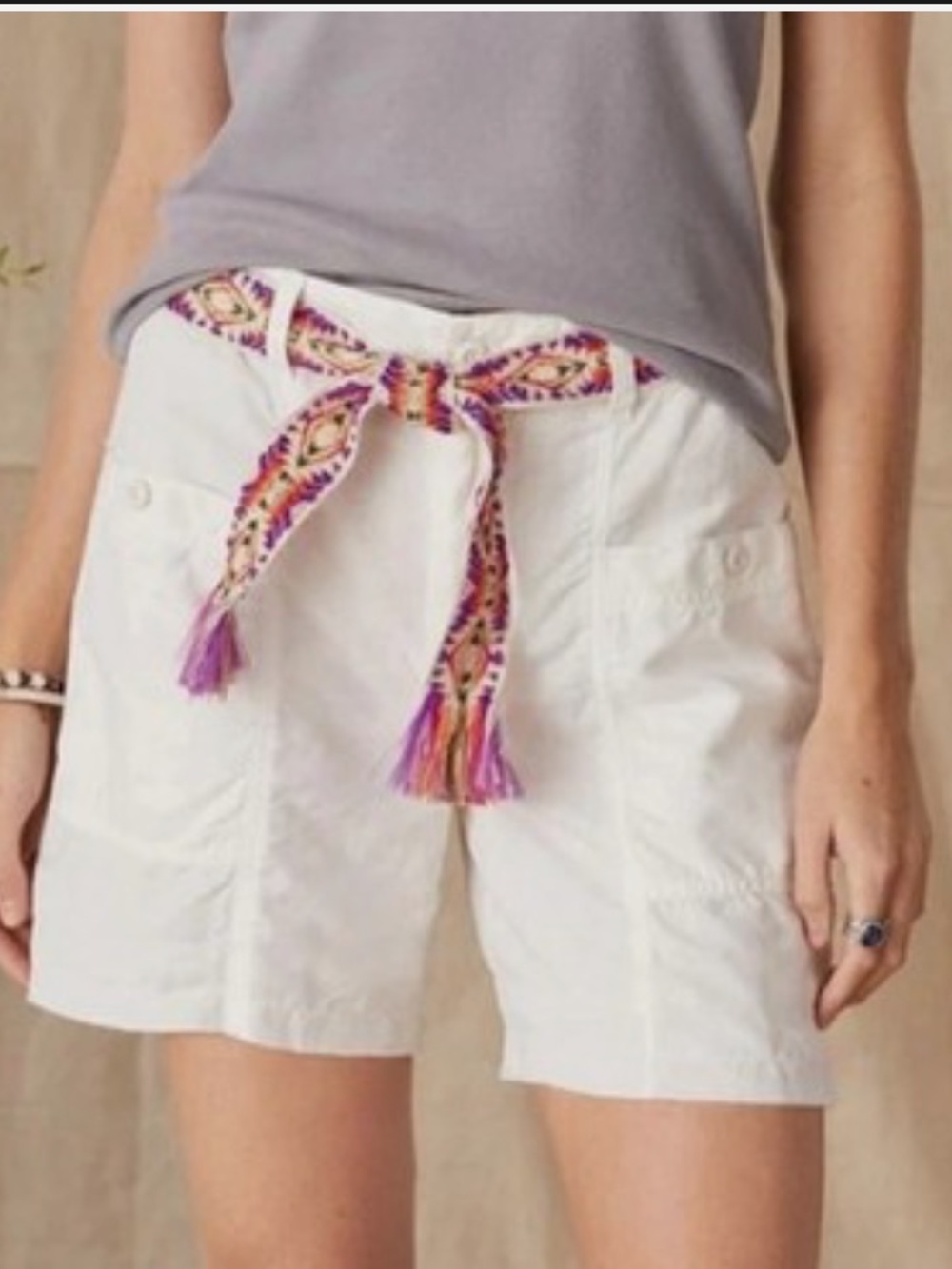 SUNDANCE Maren Cargo Shorts. Boho Coastal Embroidered Belt. White. Large